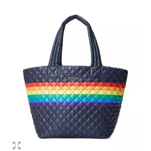MZ Wallace Dark Blue Quilted Tote with Multicolor Stripe